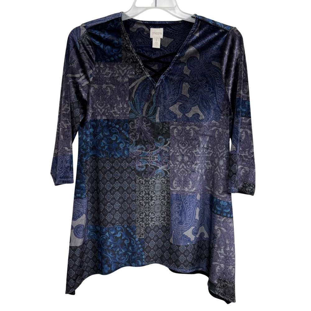 Chico's 1 M Patchwork Paisley Tunic Top Crisscross V Neck 3/4 Sleeve Blue Purple